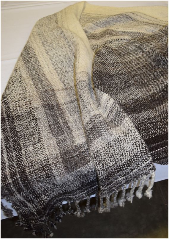 Robin Lyndes woven shawl of Jacob wool. Photo: Peggy Lundquist.